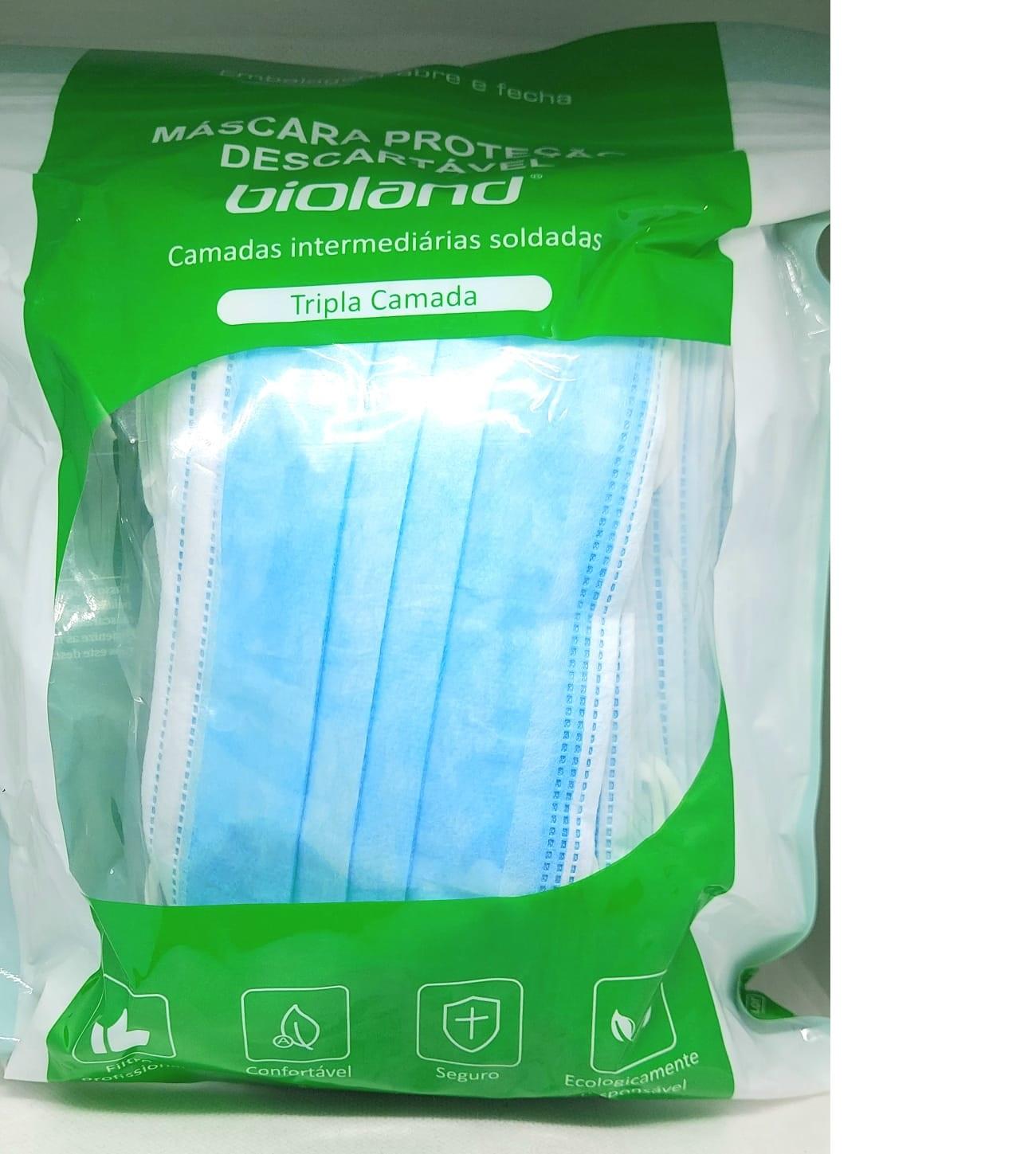 Máscara Descartável Tripla Camada Clip Nasal Bioland Azul 50un